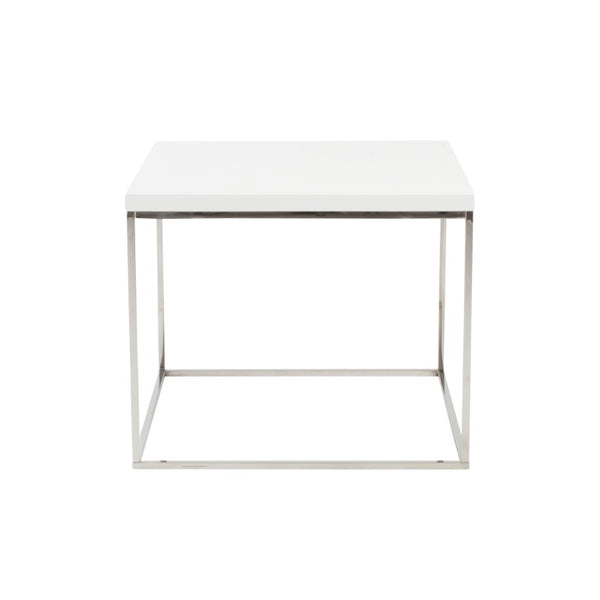 EuroStyle Teresa Square End Table Lacquered White Top with Gleaming Steel Base for Modern Rooms High Gloss White/Polished Stainless Steel 09802WHT
