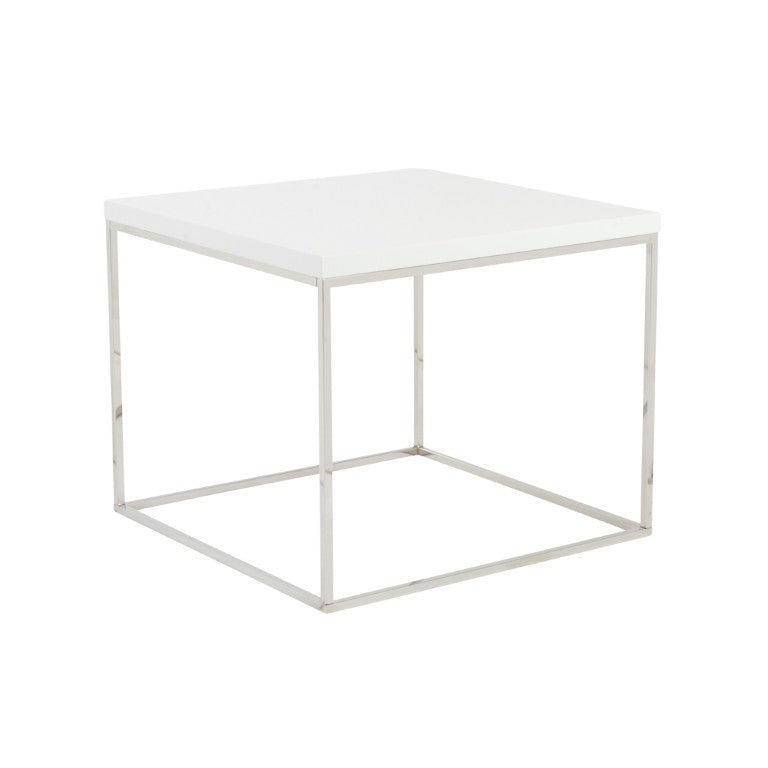 EuroStyle Teresa Square End Table Lacquered White Top with Gleaming Steel Base for Modern Rooms High Gloss White/Polished Stainless Steel 09802WHT