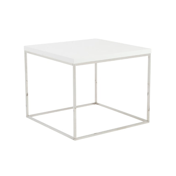 EuroStyle Teresa Square End Table Lacquered White Top with Gleaming Steel Base for Modern Rooms High Gloss White/Polished Stainless Steel 09802WHT