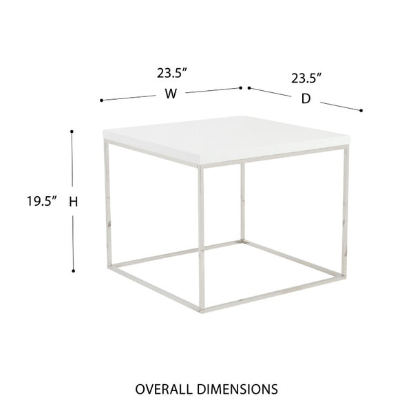 EuroStyle Teresa Square End Table Lacquered White Top with Gleaming Steel Base for Modern Rooms High Gloss White/Polished Stainless Steel 09802WHT