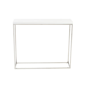 EuroStyle Teresa Lacquer Console Table Glossy Entry Hall Accent with Steel Base High Gloss White/Polished Stainless Steel 09803WHT