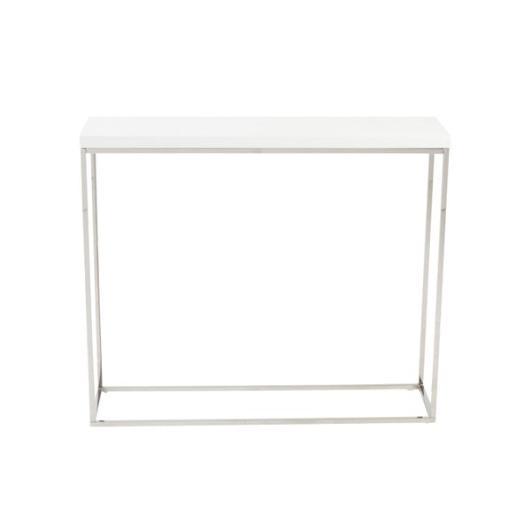 EuroStyle Teresa Lacquer Console Table Glossy Entry Hall Accent with Steel Base High Gloss White/Polished Stainless Steel 09803WHT
