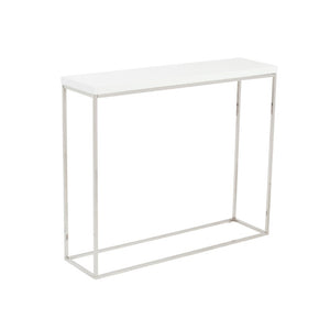 EuroStyle Teresa Lacquer Console Table Glossy Entry Hall Accent with Steel Base High Gloss White/Polished Stainless Steel 09803WHT