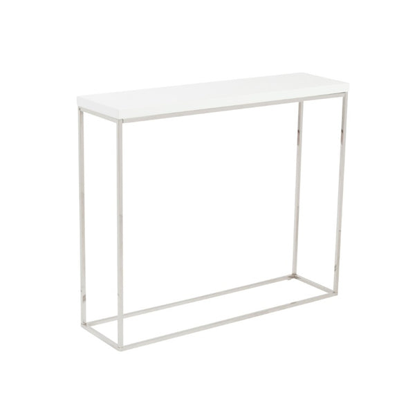 EuroStyle Teresa Lacquer Console Table Glossy Entry Hall Accent with Steel Base High Gloss White/Polished Stainless Steel 09803WHT