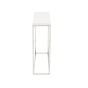 EuroStyle Teresa Lacquer Console Table Glossy Entry Hall Accent with Steel Base High Gloss White/Polished Stainless Steel 09803WHT