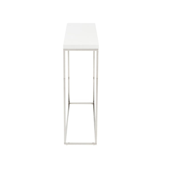 EuroStyle Teresa Lacquer Console Table Glossy Entry Hall Accent with Steel Base High Gloss White/Polished Stainless Steel 09803WHT