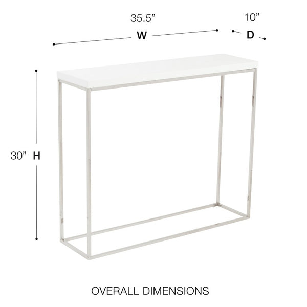 EuroStyle Teresa Lacquer Console Table Glossy Entry Hall Accent with Steel Base High Gloss White/Polished Stainless Steel 09803WHT