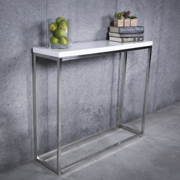 EuroStyle Teresa Lacquer Console Table Glossy Entry Hall Accent with Steel Base High Gloss White/Polished Stainless Steel 09803WHT