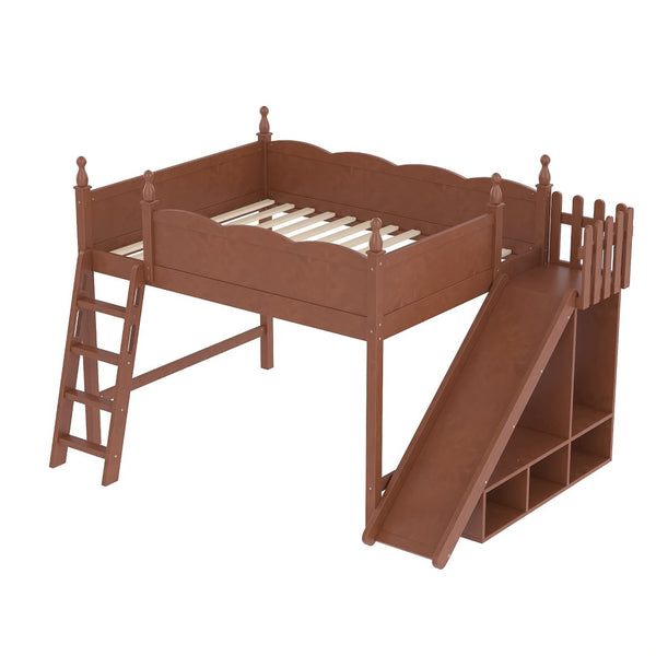 English Elm Queen Solid Pine Loft Bed with Wardrobe Shelves Detachable Slide and Dual Sleeping Zones Antique Natural W5305S00030