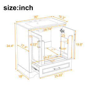 English Elm 30" Modern Bathroom Vanity with Ceramic Sink, Soft-Close Doors, Divided Drawer & Dual Door Shelves White N729P321376K