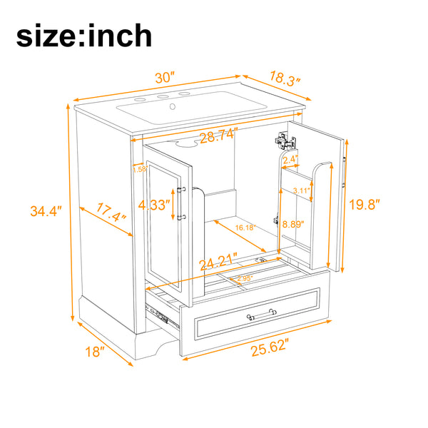 English Elm 30" Modern Bathroom Vanity with Ceramic Sink, Soft-Close Doors, Divided Drawer & Dual Door Shelves White N729P321376K