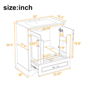 English Elm 30" Freestanding Bathroom Vanity Matte Black Solid Wood Ceramic Sink Soft Close N729P321376B