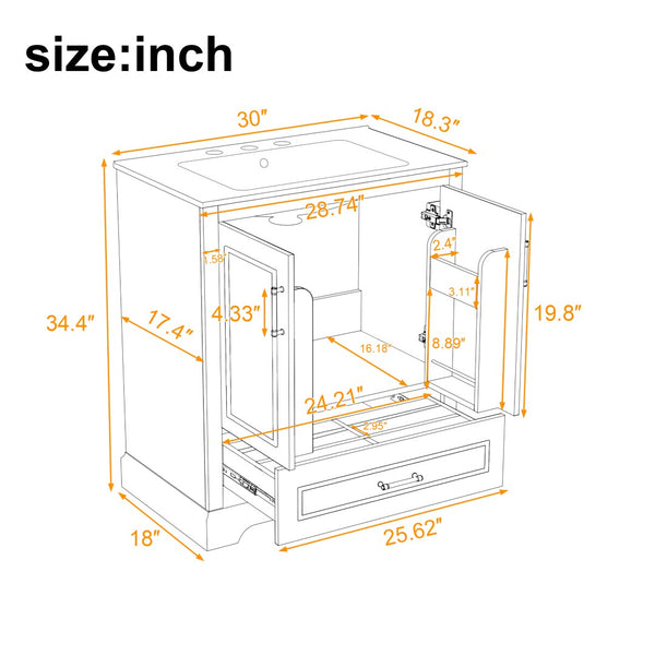English Elm 30" Freestanding Bathroom Vanity Matte Black Solid Wood Ceramic Sink Soft Close N729P321376B