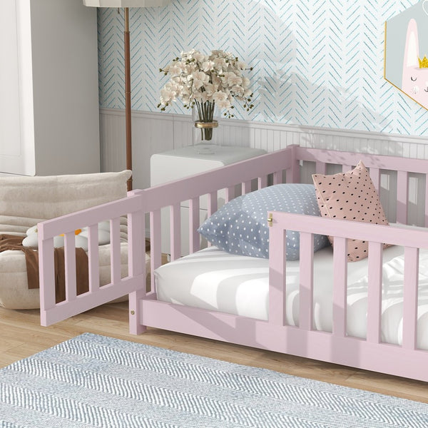 English Elm Twin Solid Rubberwood Floor Bed with Full Perimeter Safety Rails for Toddler Rooms Pink W504P296782