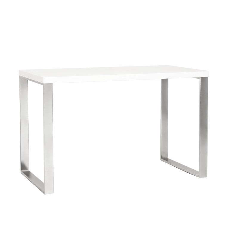 EuroStyle Dillon Lacquer Writing Desk with Steel Base for Modern Home Office or Corporate Use White/Polished Stainless Steel 09815WHT