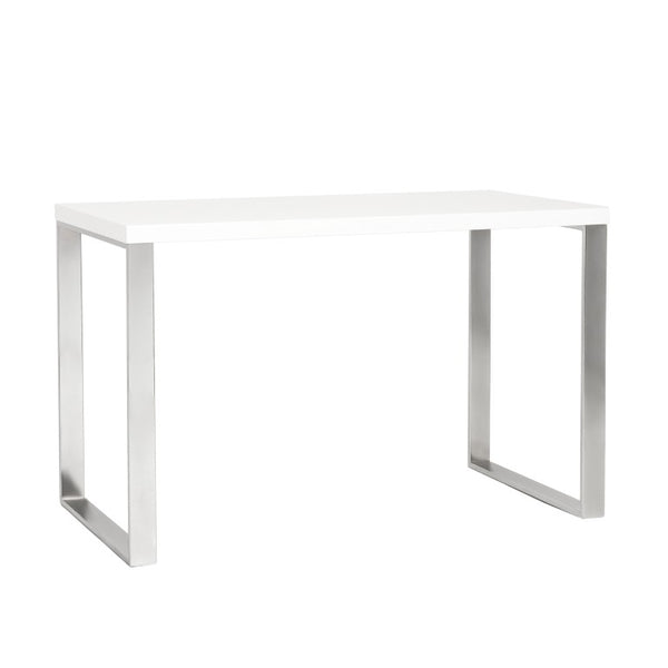EuroStyle Dillon Lacquer Writing Desk with Steel Base for Modern Home Office or Corporate Use White/Polished Stainless Steel 09815WHT