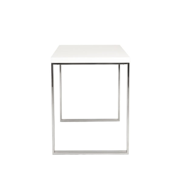 EuroStyle Dillon Lacquer Writing Desk with Steel Base for Modern Home Office or Corporate Use White/Polished Stainless Steel 09815WHT