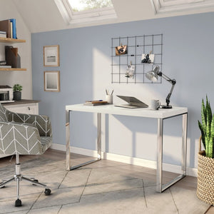 EuroStyle Dillon Lacquer Writing Desk with Steel Base for Modern Home Office or Corporate Use White/Polished Stainless Steel 09815WHT