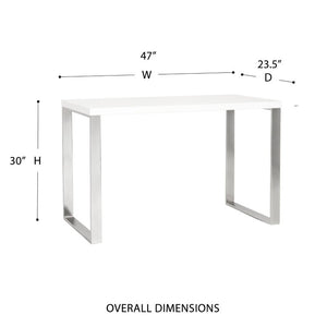 EuroStyle Dillon Lacquer Writing Desk with Steel Base for Modern Home Office or Corporate Use White/Polished Stainless Steel 09815WHT