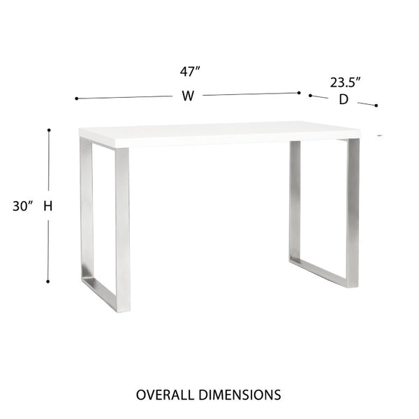 EuroStyle Dillon Lacquer Writing Desk with Steel Base for Modern Home Office or Corporate Use White/Polished Stainless Steel 09815WHT