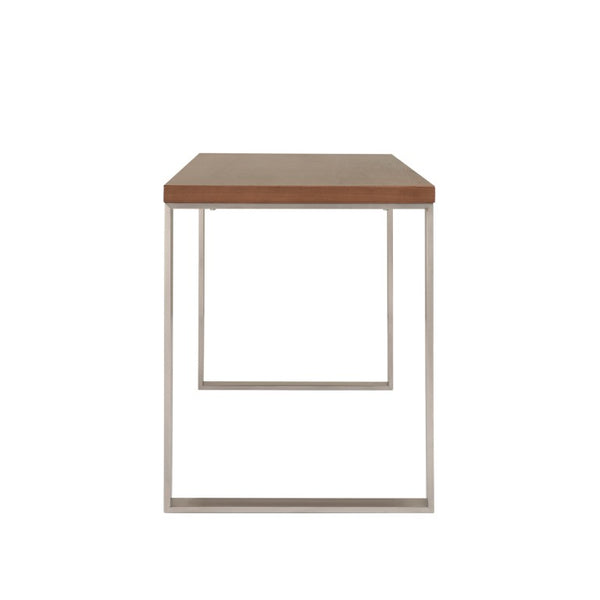 EuroStyle Dillon Lacquer Writing Desk with Steel Base for Modern Home Office or Corporate Use Walnut/Brushed Stainless Steel 09832WAL