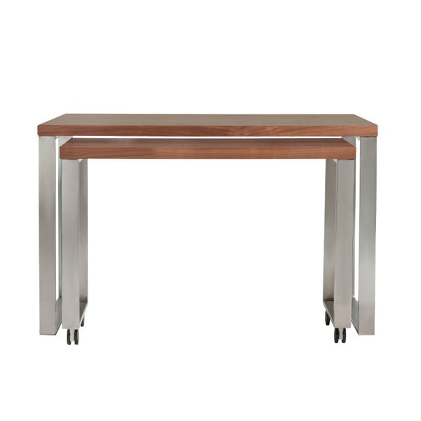 EuroStyle Dillon Lacquer Writing Desk with Steel Base for Modern Home Office or Corporate Use Walnut/Brushed Stainless Steel 09832WAL