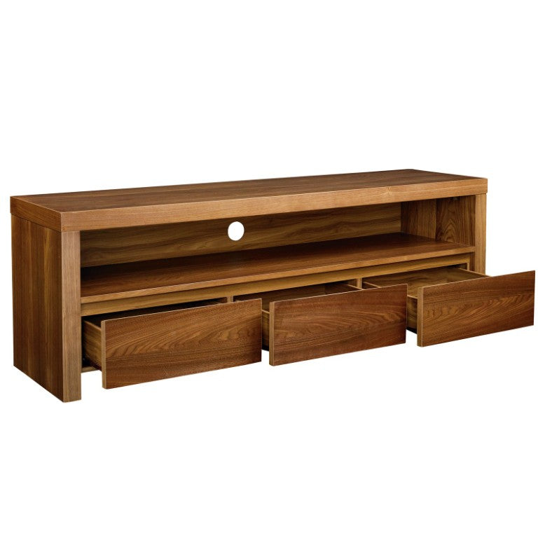 EuroStyle Bryant Walnut Veneer Media Stand with Three Drawers and Open Shelf for Living Rooms Walnut - A 09839WAL-A