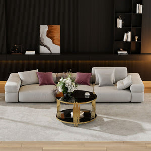 English Elm Modern Round Coffee Table Black Tempered Glass Top Gold Drum Base Living Room Glam N735P177478B