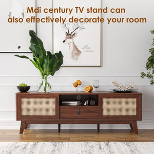 English Elm Rattan Tv Stand With Mid-Century Modern Design, Boho Style, Storage Drawers & Cable Management Solution T3623P380522-GIGA