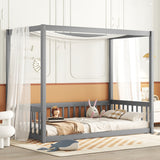 Twin Size Canopy Frame Floor Bed with Fence, Guardrails, Grey