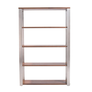 EuroStyle Dillon Five Shelf Walnut Veneer Bookcase with Stainless Steel Frame for Modern Offices American Walnut/Brushed Stainless Steel 09847WAL-KIT