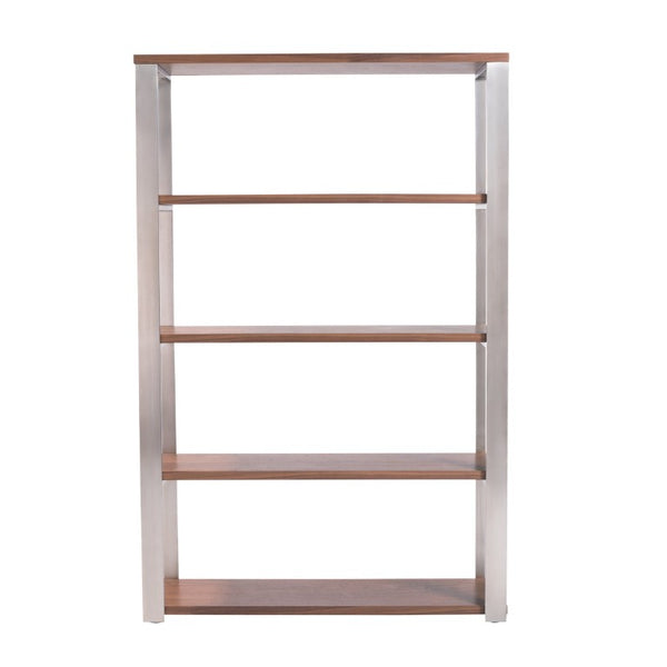 EuroStyle Dillon Five Shelf Walnut Veneer Bookcase with Stainless Steel Frame for Modern Offices American Walnut/Brushed Stainless Steel 09847WAL-KIT