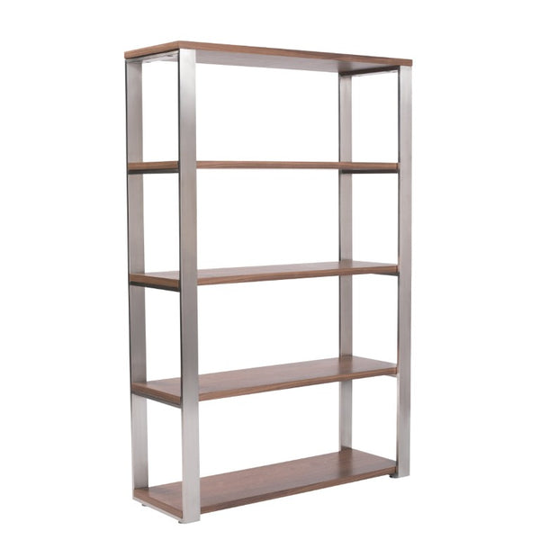 EuroStyle Dillon Five Shelf Walnut Veneer Bookcase with Stainless Steel Frame for Modern Offices American Walnut/Brushed Stainless Steel 09847WAL-KIT