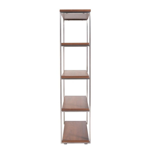EuroStyle Dillon Five Shelf Walnut Veneer Bookcase with Stainless Steel Frame for Modern Offices American Walnut/Brushed Stainless Steel 09847WAL-KIT