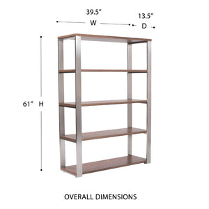 EuroStyle Dillon Five Shelf Walnut Veneer Bookcase with Stainless Steel Frame for Modern Offices American Walnut/Brushed Stainless Steel 09847WAL-KIT
