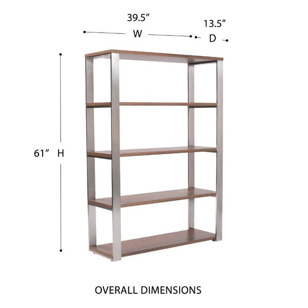 EuroStyle Dillon Five Shelf Walnut Veneer Bookcase with Stainless Steel Frame for Modern Offices American Walnut/Brushed Stainless Steel 09847WAL-KIT