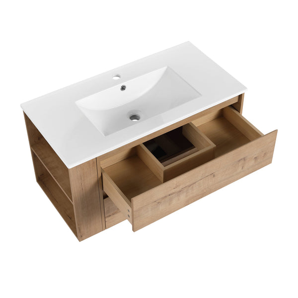 English Elm 36" Wall Mounting Bathroom Vanity With Ceramic Sink, Side Adjustable Shelf, Soft-Close Drawers, Water-Resistant Plywood Finish W999S00142