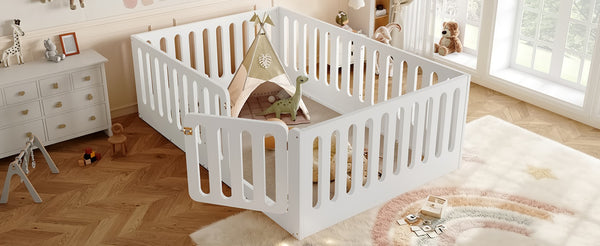 English Elm Twin Solid Pine Montessori Floor Bed with House Frame Door and Safety Fence Light White W5305P420635