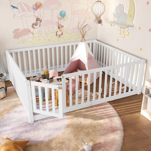 English Elm Twin Floor Bed Pine Wood Frame with Guardrails and Door for Safe Toddler Sleep Light White W1580P417670