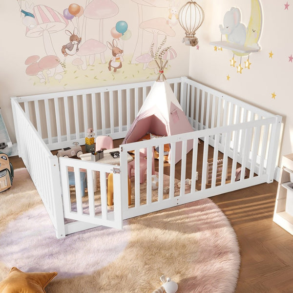 English Elm Twin Floor Bed Pine Wood Frame with Guardrails and Door for Safe Toddler Sleep Light White W1580P417670