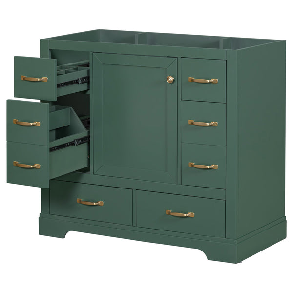 English Elm 36" Modern Bathroom Vanity Cabinet Base with Six Drawers, Adjustable Shelf & Drawer Organizer Green WF307973AAF
