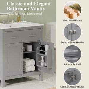 English Elm 30" Modern Bathroom Vanity with Ceramic Sink and Soft-Close Doors, Solid Wood MDF Build, Sleek Handles Gray N729P263155E