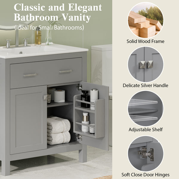 English Elm 30" Modern Bathroom Vanity with Ceramic Sink and Soft-Close Doors, Solid Wood MDF Build, Sleek Handles Gray N729P263155E