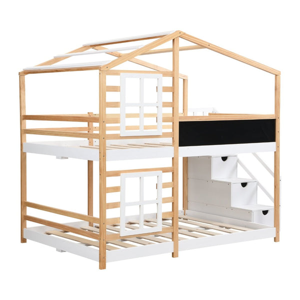 English Elm Twin Over Solid Pine House Bunk Bed with Blackboard Storage Staircase W495S00013