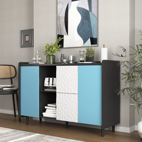 English Elm Sideboard Buffet Cabinet - Modern Black & Blue Storage Solution With Drawers For Dining & Kitchen Decor W409P176594-GIGA