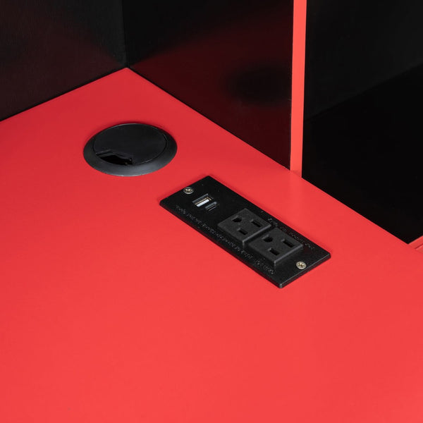 English Elm Full Size Gaming Bed Frame with Desk Led Lights Storage Drawers and Charging Station Black+Red LP000289AAJ