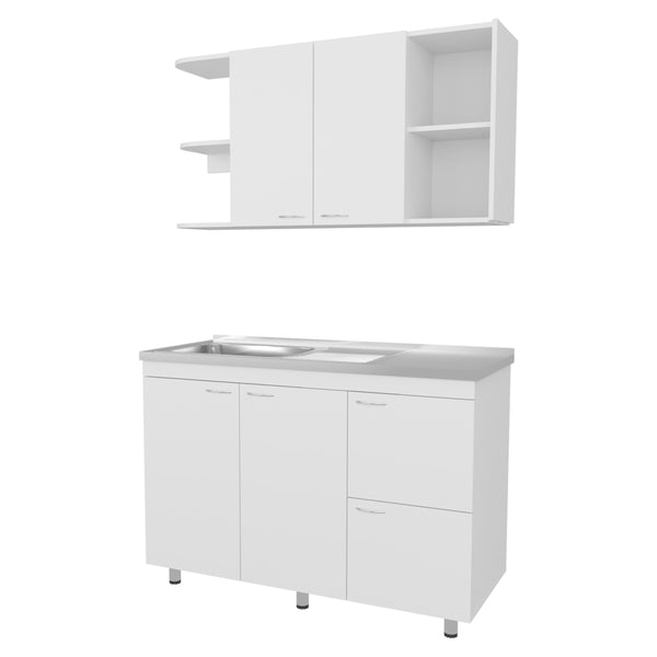 English Elm Elica Two-Piece Kitchen Cabinet Set in Kronos White — Upper Double Doors, Lower Storage & Prep Surface B070S00394