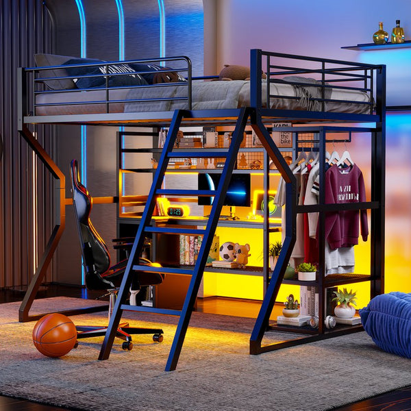 English Elm Full Size Metal Gaming Loft Bed With Workstation, Led Lights, Storage Solutions & Open Wardrobe N7090000666B