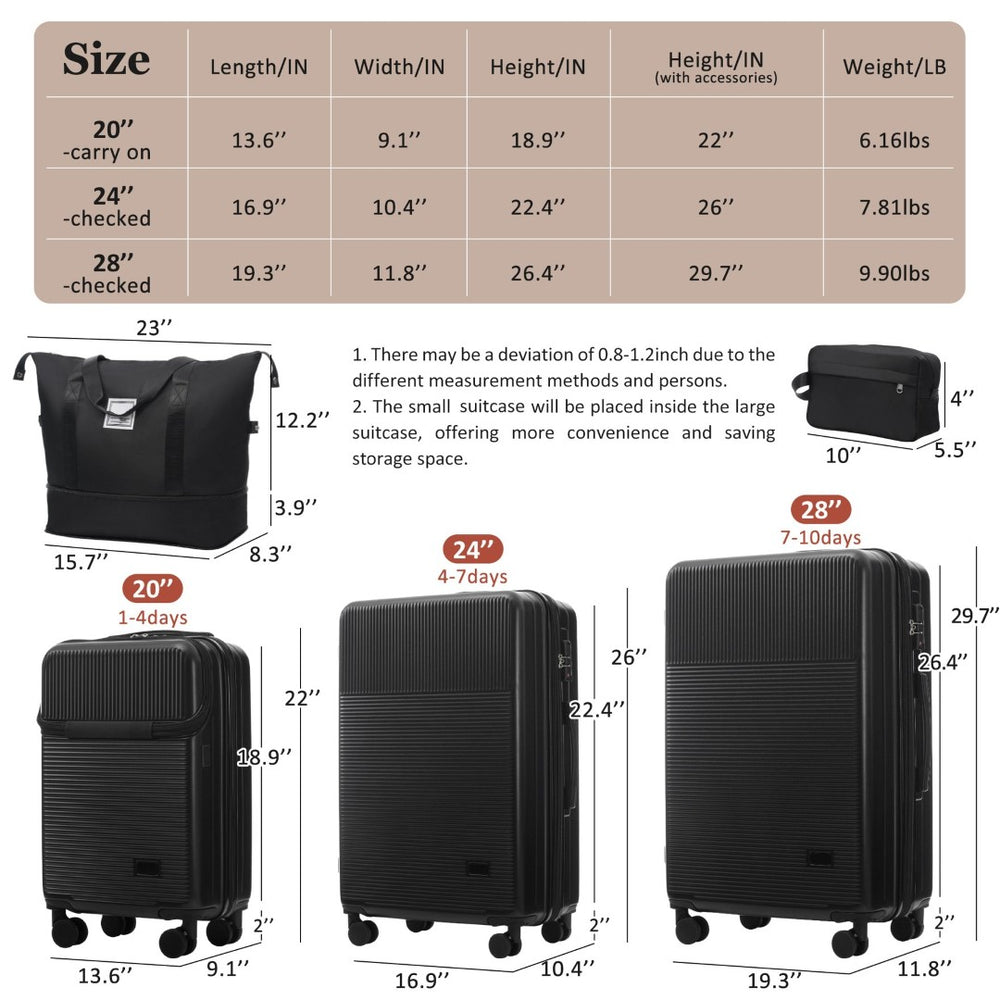 English Elm Luggage 5 Piece Hardside Abs Set with Front Access Carry on and Tsa Spinner Wheels Black N732P391579B