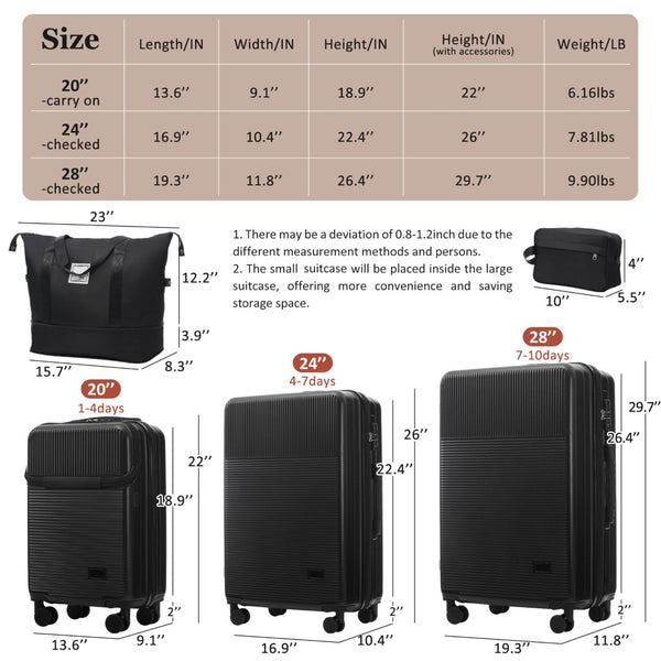 English Elm Luggage 5 Piece Hardside Abs Set with Front Access Carry on and Tsa Spinner Wheels Black N732P391579B